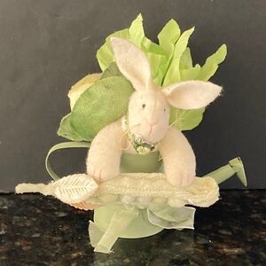 White Rabbit & Pea Pod In Watering Can With Cabbage & Lettuce/Perfect For Spring